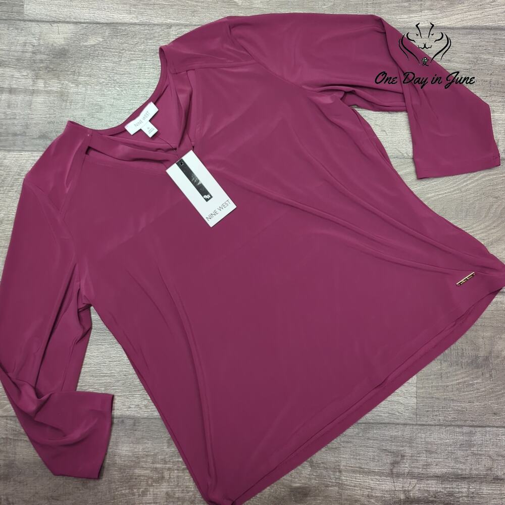 Nine West Long Sleeve Asymmetrical Neck Top Plum Raisin NWT Size XL